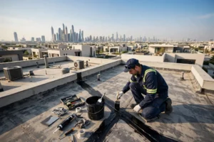 Roofer applying waterproofing sealant on a flat villa roof in Dubai