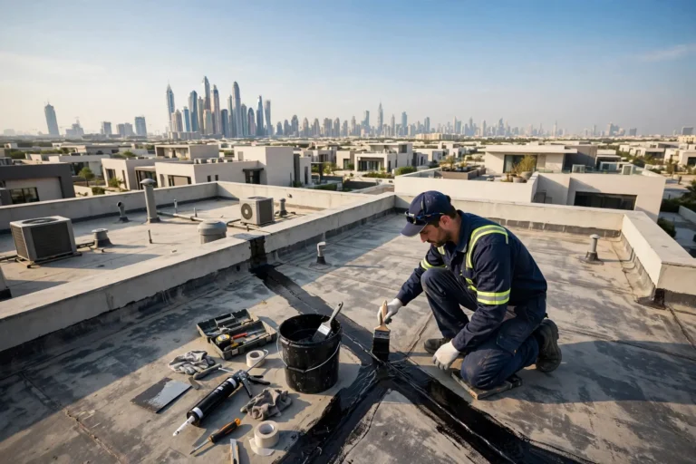 Roofer applying waterproofing sealant on a flat villa roof in Dubai