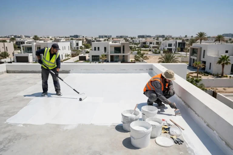 Workers applying white waterproof coating on Dubai villa roof