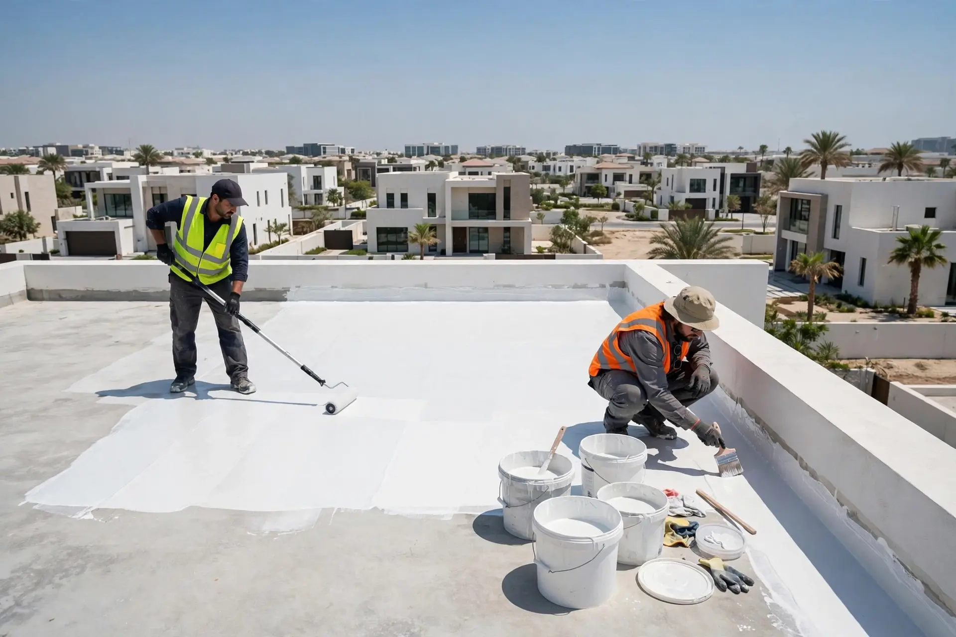 Workers applying white waterproof coating on Dubai villa roof