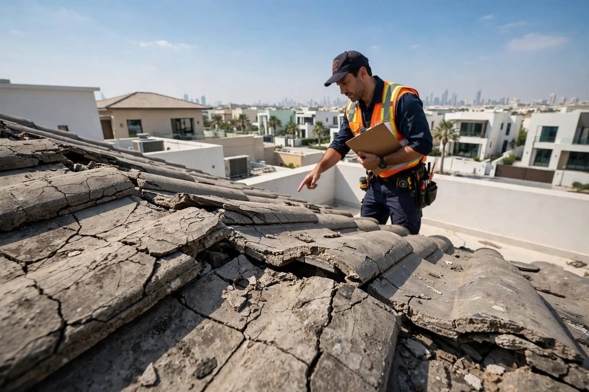Roof inspector pointing at cracked villa roof tiles in Dubai